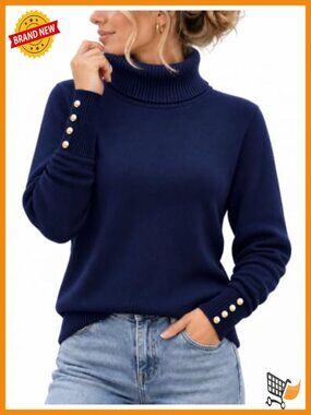 Womens Turtleneck Sweater Knitted Pullover Ribbed Button Cuff Fall Outfit